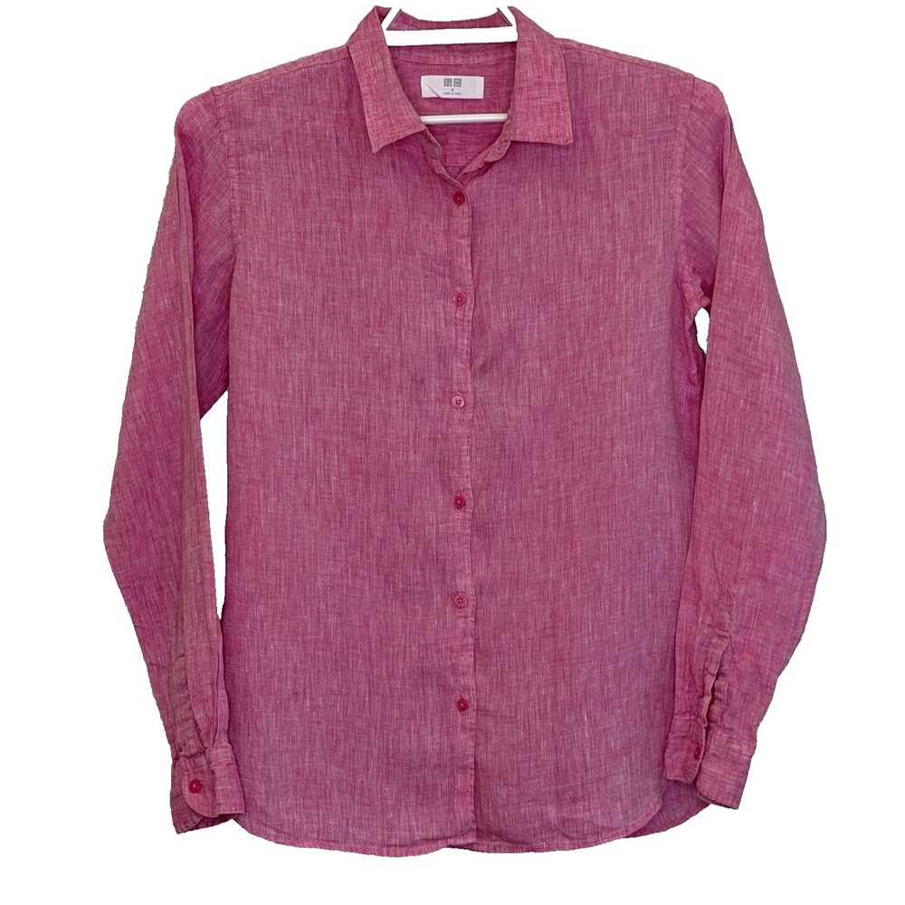 Uniqlo Button Front‎ Top Womens Sz Medium Pink Long Sleeve 100% Linen Collared